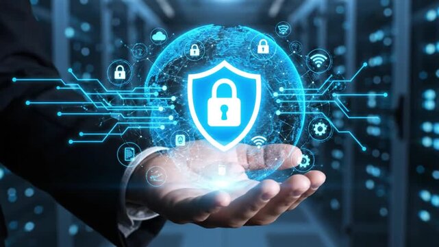 Advanced cyber security concept showing a hand holding a glowing holographic shield lock icon over a digital globe in a high-tech server room.