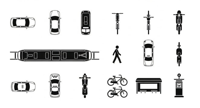 Top View Transportation Icons Set Vector Illustration.