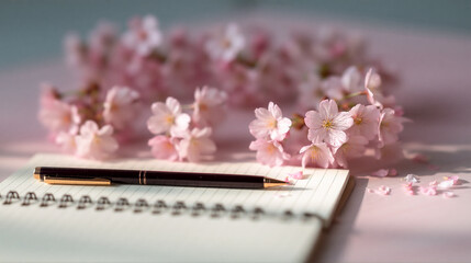 Cherry Blossoms with Notebook and Fountain Pen &ndash; Spring Message and New Beginning Concept、春の桜とノートとペンの静かな時間　入学・卒業・新生活のイメージ背景