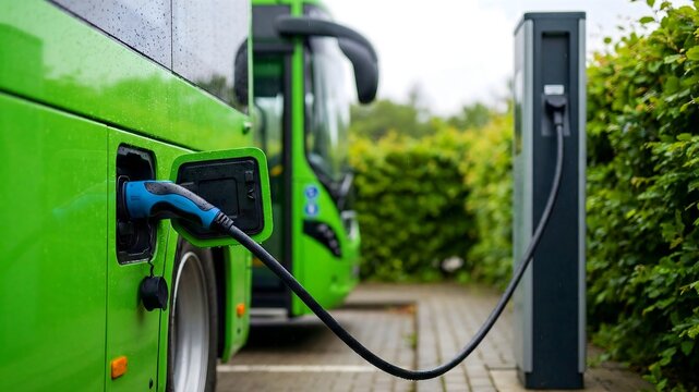 A bright green electric public transportation bus is actively connected to a modern charging station to replenish battery power in an outdoor depot setting.