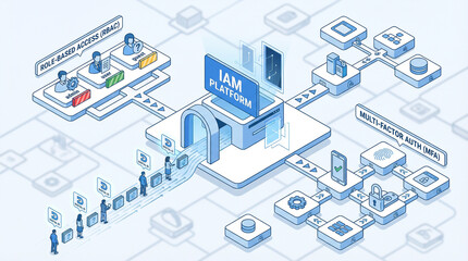 Isometric Concept of Identity and Access Management Platform with RBAC and Multi-Factor Authentication Flow