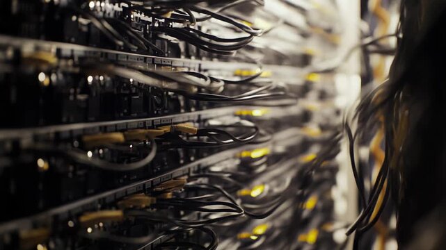 Server racks with numerous network cables and blinking indicator lights highlight advanced infrastructure, data storage, and digital information processing within a modern data center
