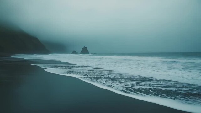 Moody coastal beach featuring dark sand and breaking waves under a thick fog, creating an atmospheric and mysterious seaside landscape with distant sea stacks