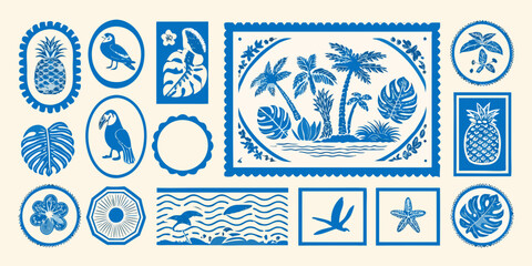 Blue and white tropical illustrations arranged in decorative frame shapes © Debashis