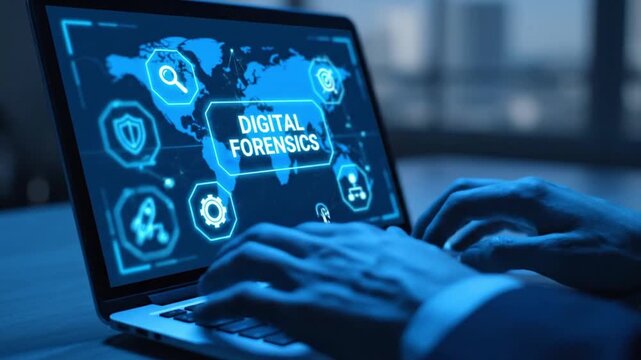 Cyber security expert performing digital forensics and data analysis on a laptop with holographic tech icons and world map interface.