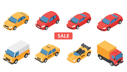 Naklejka premium Colorful isometric vehicle set with sale sign