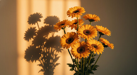 Vibrant Orange Gerbera Daisies in Sunlight, Artistic Floral Photography with Shadows