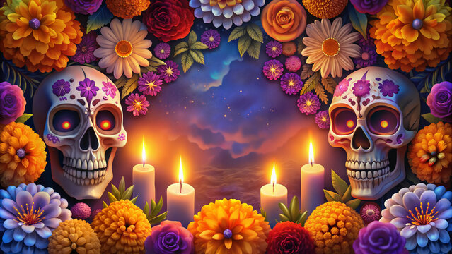 Colorful sugar skulls surrounded by marigolds and candles at night  