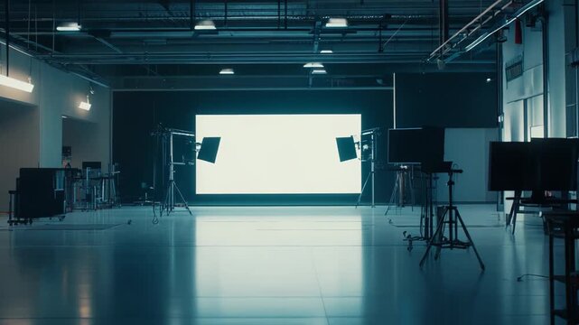Large empty production studio with a bright glowing screen and various professional lighting equipment, prepared for creating video content and multimedia projects