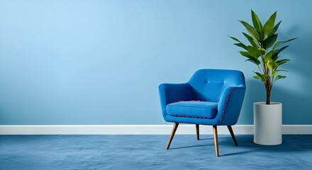 Stylish Blue Armchair with Green Plant, Modern Minimalist Interior for Cozy Living Spaces
