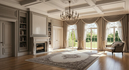 Luxurious Classic Living Room with Arched Windows, Fireplace, and Refined Interior Styling