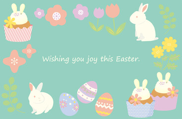 イースターエッグ、うさぎとスイーツのイラストフレーム　ブルー