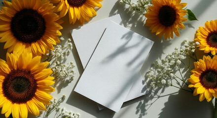 Sunlit Sunflowers and Baby&rsquo;s Breath Around Blank Cards, Elegant Floral Stationery Concept