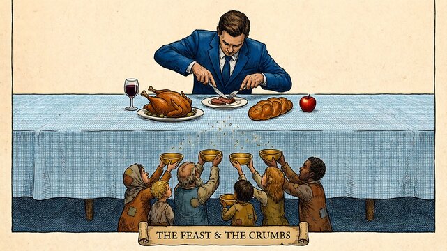 Illustration depicting a well-dressed man feasting above a group of poor individuals hoping for table crumbs, symbolizing economic disparity.
