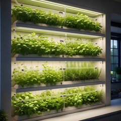 Fototapeta premium Vertical hydroponic garden system with lush green herbs and vegetables under grow lights