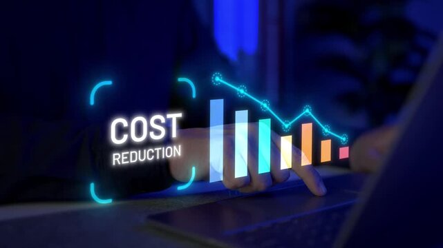 Business professional using laptop with holographic cost reduction graph and bars. Concept of financial efficiency, budget cutting, expense management, and corporate profit optimization.