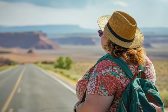 Adventurous plus size woman exploring desert highway scenery