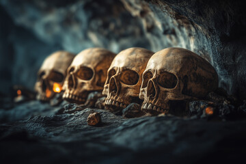 Old human skulls in an ancient crypt in close up background.