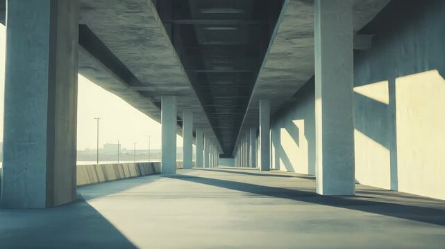 Brutalist architecture featuring a concrete bridge with an array of geometric pillars creating strong shadows, highlighting a robust and industrial perspective