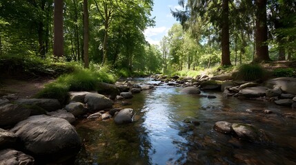 A bright sunlit creek winds through a lush green forest with water flowing over a bed of rocks and stones