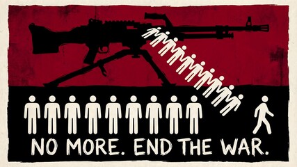 Obraz premium Powerful vintage anti-war protest poster featuring a machine gun silhouette targeting human figures demanding an end to conflict now.