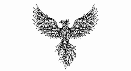 Obraz premium Detailed Black and White Phoenix Bird Illustration with Spread Wings.