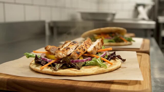 Appetizing grilled chicken flatbread sandwiches with fresh vegetables presented on wooden boards, showcasing a delicious and healthy meal option prepared in a modern kitchen environment