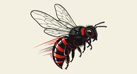 Obraz premium Detailed Illustration of a Flying Bee with Red and Black Stripes.