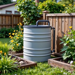 Gray rain barrel in a vibrant garden with raised flower beds and wooden fencing.