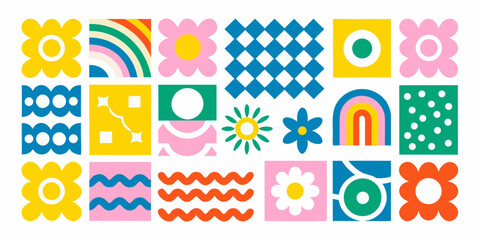 A colorful arrangement of geometric and floral patterned squares © Debashis