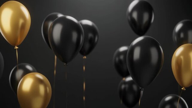 Elegant black and gold balloons floating on dark background for luxury celebration and holiday party decoration