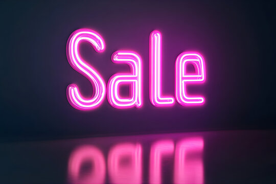 Neon sale sign on a dark background. 3D rendering.   The use of neon lighting suggests a modern, trendy theme often used in advertising and promotions to grab attention.
