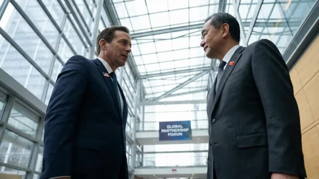 International business delegates talking at global forum event