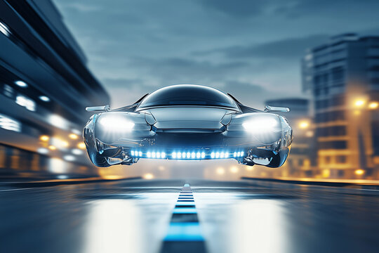 Futuristic flying car hovering over road background.