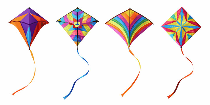 A colorful assortment of diamond shaped kites against a white background