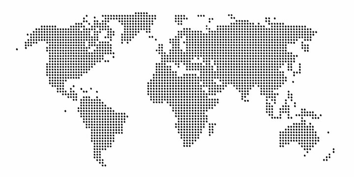 A dotted world map illustration displaying continents and oceans