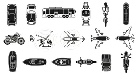 Collection of various transportation vehicles seen from above. © Akik
