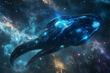 Alien spaceship in the form of a giant squid flying in space concept background.