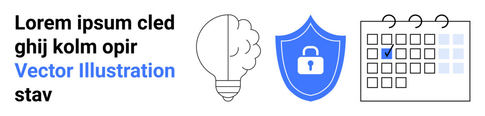 Innovation, data protection, planning, creative strategies, cybersecurity, secure systems. A light bulb, shield with a lock and calendar with checkmark are . Innovation and data protection concept