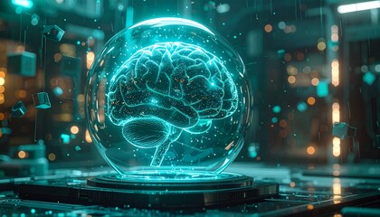 Obraz premium Futuristic Brain in a Glass Sphere - AI and Technology Concept.