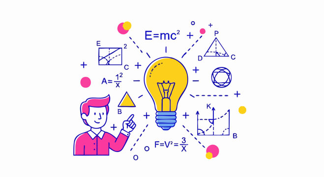 Illustration of a person pointing at a bright idea lightbulb with science symbols.