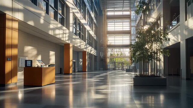 Large contemporary office building lobby featuring a glass facade and sunlit atrium, with a reception desk and decorative indoor plants complementing its minimalist architecture
