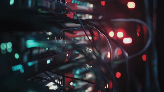 Server racks with numerous cables and blinking indicator lights illuminate a dark data center, symbolizing high speed connectivity, digital information flow, and network infrastructure