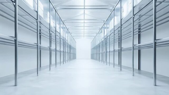 Modern and clean industrial warehouse featuring long rows of empty steel racking, ready for inventory and optimizing supply chain logistics and storage solutions