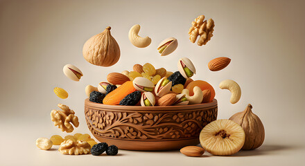 Premium Dried Fruits and Nuts in Wooden Bowl with Floating Ingredients