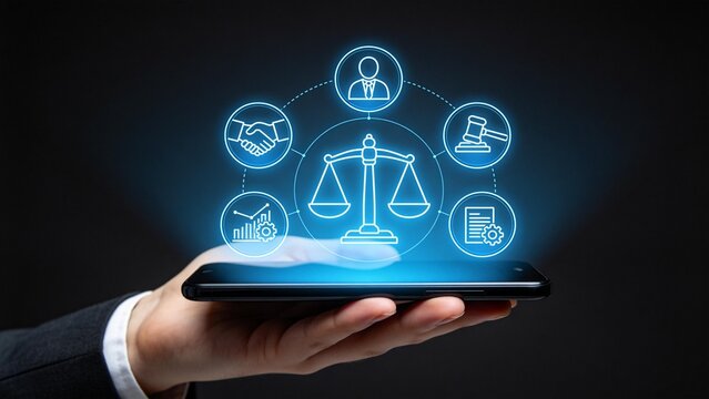 Hand holding smartphone with glowing legal justice icons,online law consultation,digital compliance management and regulatory technology concept for modern business