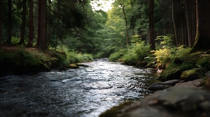 Fototapeta premium A clear stream flows through a lush sun d d forest with verdant trees and mossy rocks