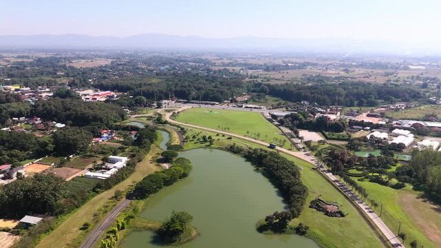 Fly towards Singha statue at Singha Park in Chiang Rai, Thailand