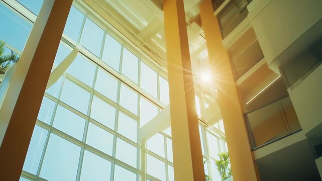 Soaring glass atrium and expansive windows flood a contemporary corporate interior with warm sunlight, lens flare, and reflective surfaces that emphasize openness and innovation