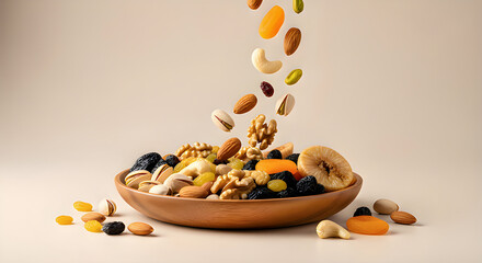 Natural Dried Fruit and Nut Assortment with Floating Food Composition
